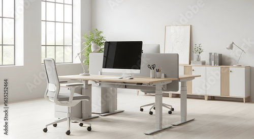 Modern Minimalist Office Workspace With White Desks And Ergonomic Chairs