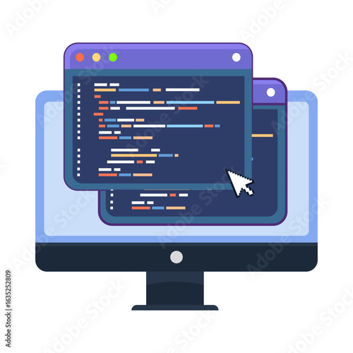 Desktop computer monitor with programming code editor windows. Software development vector illustration.