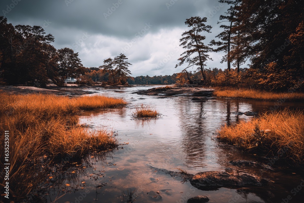 Fototapeta premium Tranquil autumnal river scene with dramatic sky