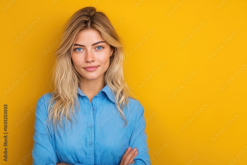 Young blonde businesswoman in a blue top against a yellow backdrop Space for text Young blonde businesswoman in a blue top against a yellow backdrop Space for text