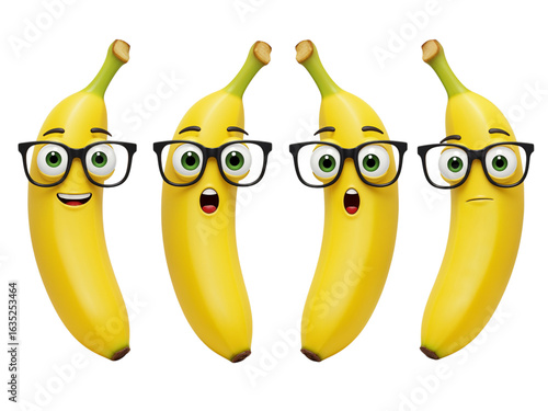 Four funny cartoon bananas wearing glasses with expressive faces isolated on transparent background