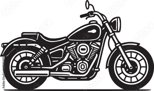Black and White Vector of Classic Cruiser Motorcycle with Chrome Parts – Outline Style