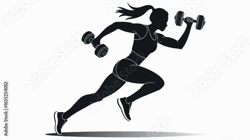 Black silhouette of a woman performing dumbbell exercises on a clean white background