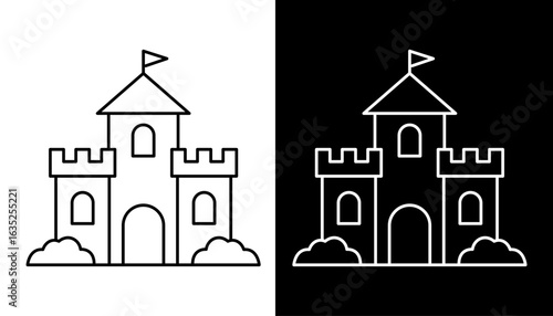 Castle line icon set. Simple fortress and tower illustration for beach play or fairy tale kingdom. Minimalist vector graphic of a palace.