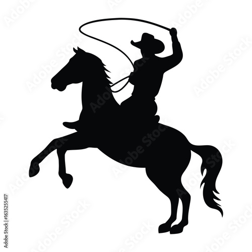Silhouette of cowboy riding horse with lasso vector art for western theme design element graphic
