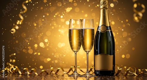 Golden champagne bottle and flute glasses sparkle with celebration, ribbons and bokeh glow elegantly