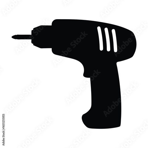 Black silhouette of electric power drill tool for construction and home improvement projects
