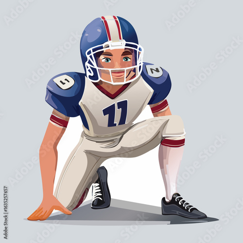 American football vector character in a crouching position wearing a blue and white uniform with a plain background.