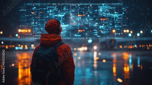 Person with Backpack Viewing Data Display in Rainy City