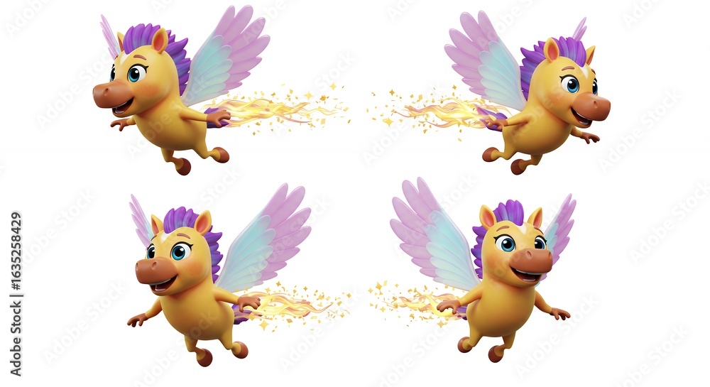 Naklejka premium Four cartoon flying unicorns