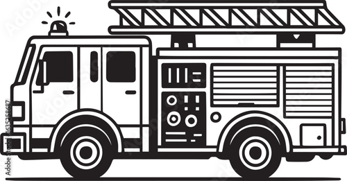 Monochrome Black and White Vector of Fire Truck Side Profile – Detailed Line Art