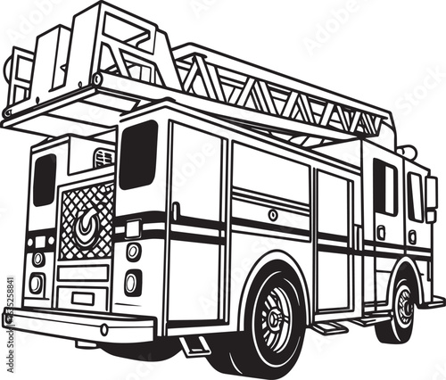Monochrome Black and White Vector of Fire Truck Side Profile – Detailed Line Art
