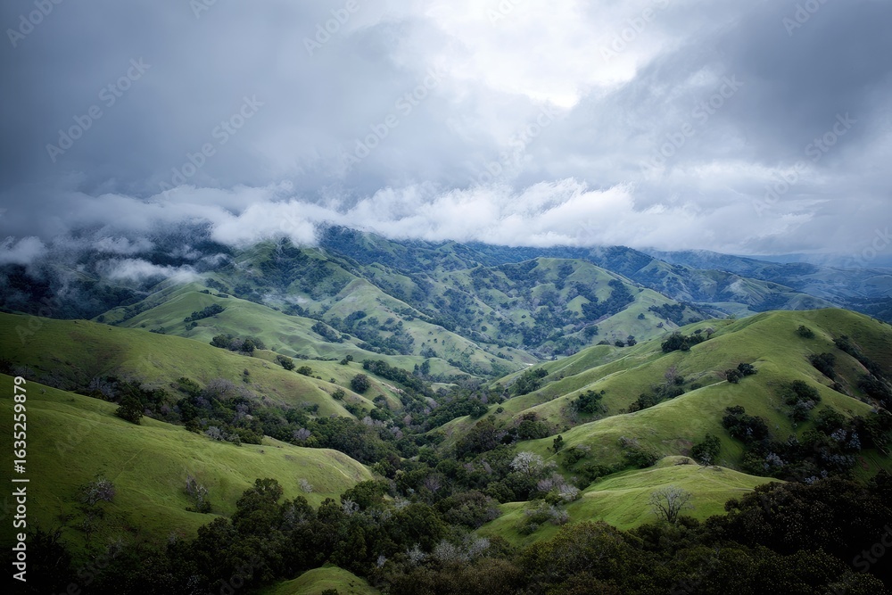 Naklejka premium Lush green hills under a cloudy sky