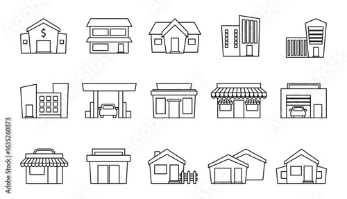 Collection of building and real estate line icons. Set of architectural symbols for city infrastructure and commercial property.