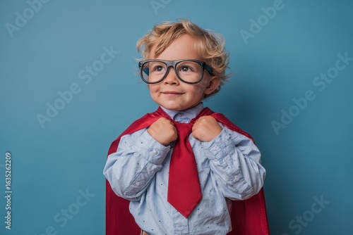 Young superhero student in uniform Joyful kid with glasses prepared for learning Success and motivation theme Back to school Young businessman hero
