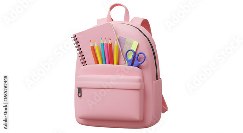 Pink school backpack filled with stationery items including colored pencils, scissors, ruler, and notebook, perfect for students and back to school