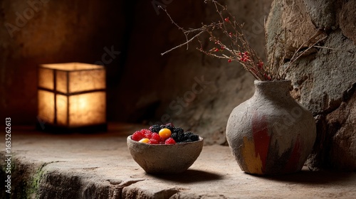 Bowl of mixed berries with yellow fruit rustic vase with branches and glowing lantern on stone