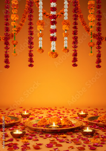 Vibrant floral garlands and diyas adorn a festive, orange backdrop, creating a celebratory atmosphere.