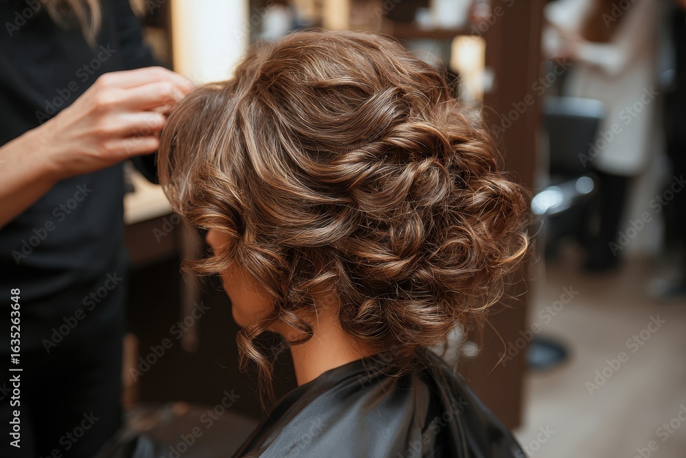 Fototapeta premium A stylist creates a contemporary curly hairstyle for an unusual Middle Eastern model