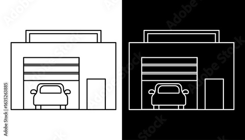 Car garage and auto repair shop building front view. Minimalist line icon vector illustration.
