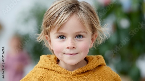 Close up portrait of a young Caucasian boy with blond hair and blue eyes smiling