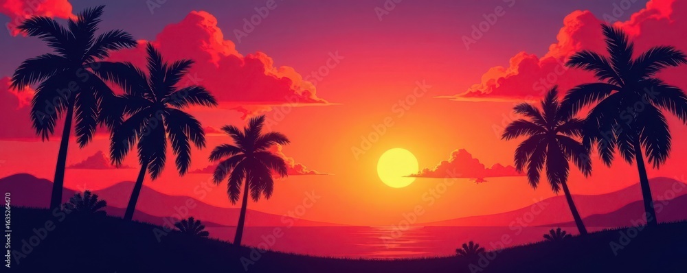 Obraz premium Silhouetted palm trees against vibrant sunset sky, sunset, scene, colors