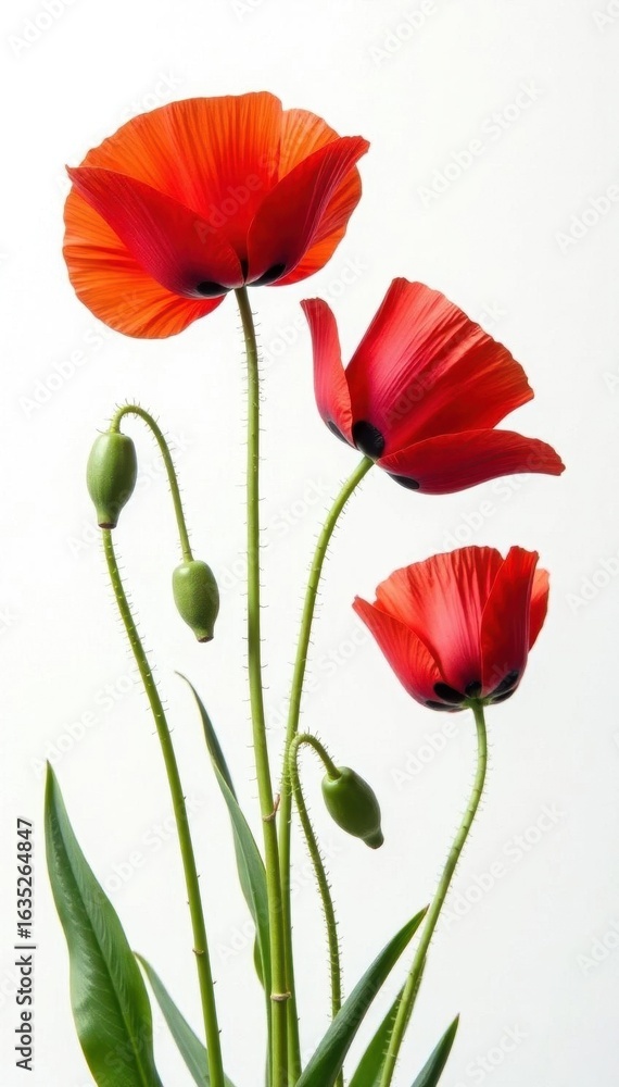 Obraz premium Vibrant red poppies, delicate petals, stark white backdrop, petals, wildflower