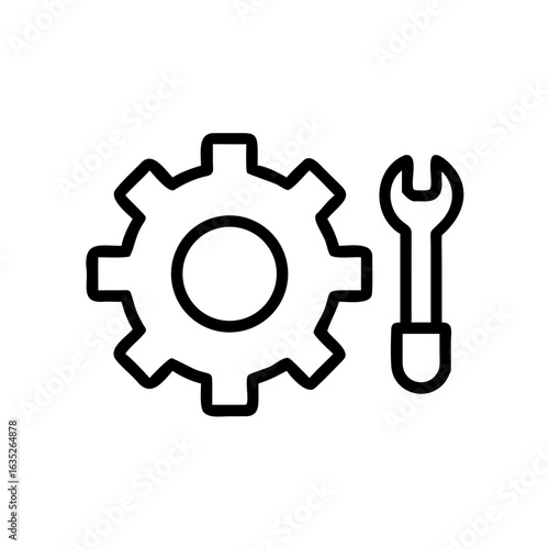 Simple gear and wrench graphic, conveying ideas of mechanics, settings, or problem-solving in an organized and minimalist style.
