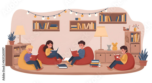 Four children reading books while sitting on beanbag chairs in a cozy room with bookshelves and string lights.