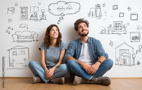 Couple sitting on the floor thinking about their dream of buying their house or apartment