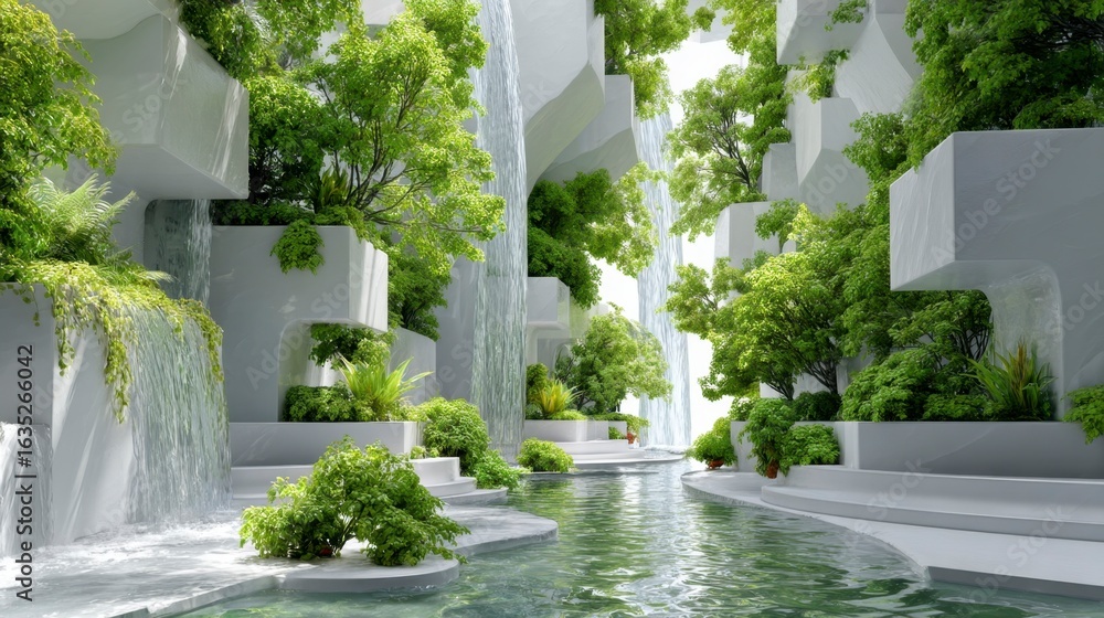 Fototapeta premium Futuristic Space Concept with Lush Greenery and Waterfalls