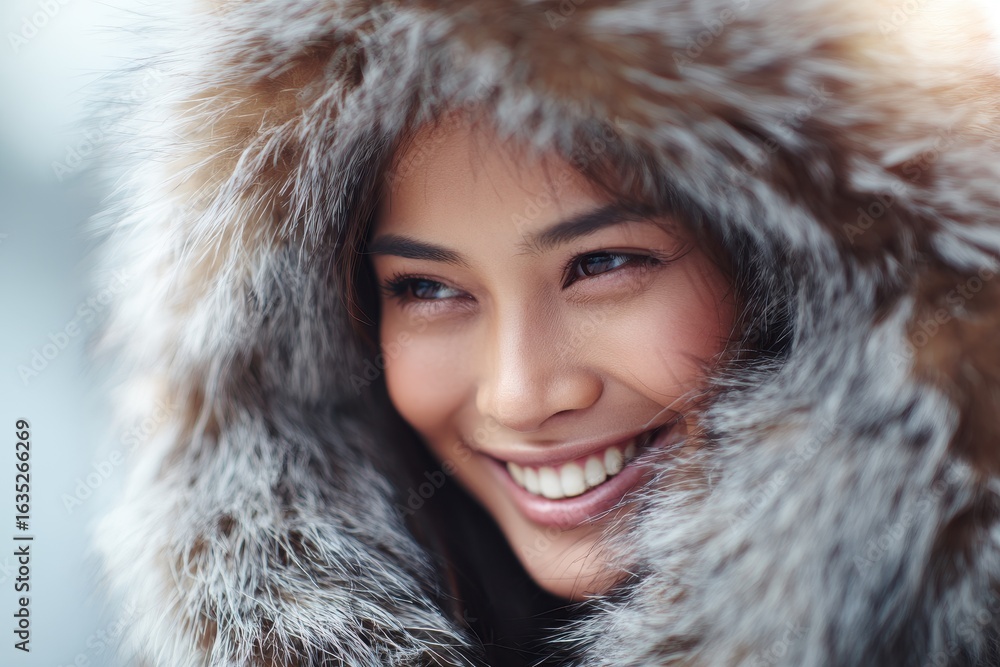 Winter fashion trend smiling young Asian woman in fur coat Winter fashion trend smiling young Asian woman in fur coat