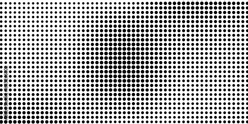 Black circular dots on white background. Mosaic holey print. Perforated metal texture. Peg board, radiator or speaker grill surface with repeated round holes. Vector graphic illustration.