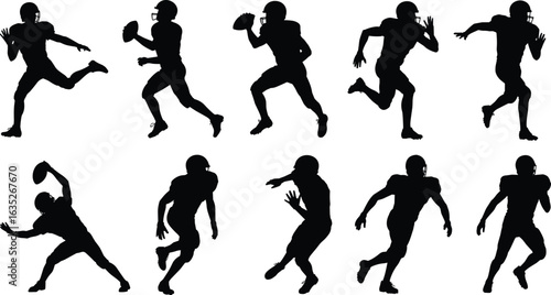 American football player silhouette collection, quarterback throw action, running pose, helmet gear, athlete motion, flat vector illustration, sports design