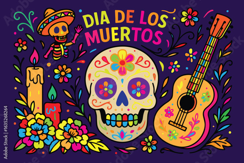 A colorful vector background inspired by Dia de los Muertos, featuring sugar skulls, flowers, and festive patterns in bold, vibrant tones.

