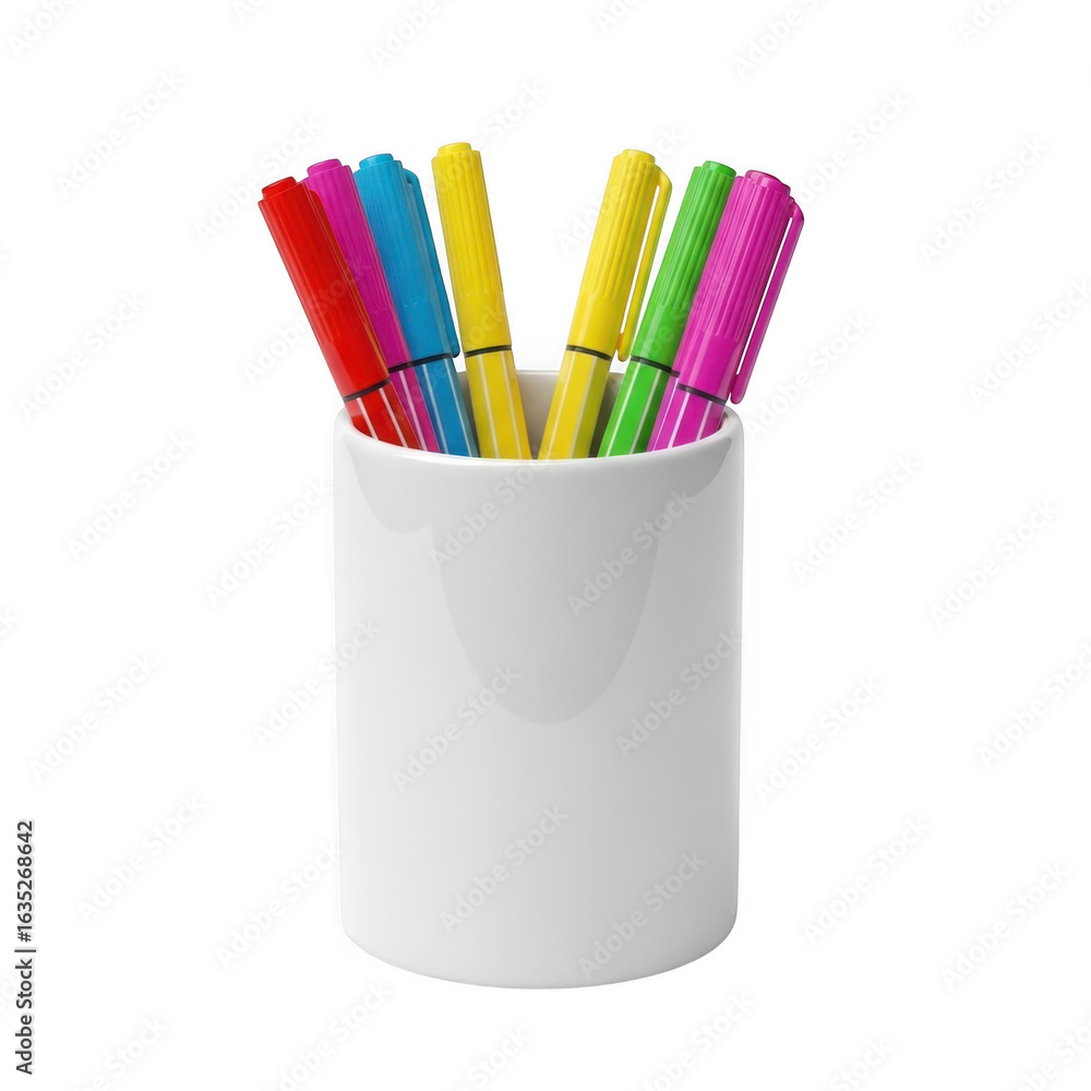 Fototapeta premium Colorful felt tip pens in a white holder isolated on transparent background