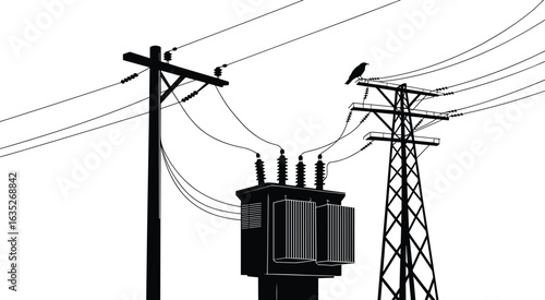 Electric power transformer with utility poles, bird on wire, high voltage transmission lines and insulators, black silhouette, flat vector illustration