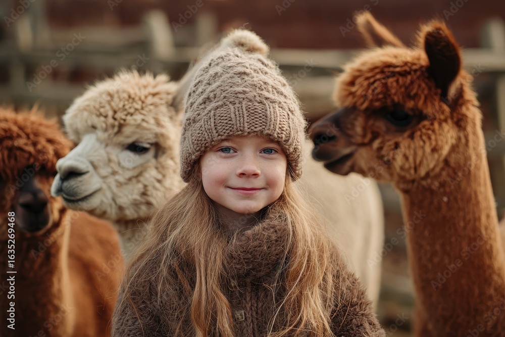 Obraz premium Young girl with alpacas at the farm