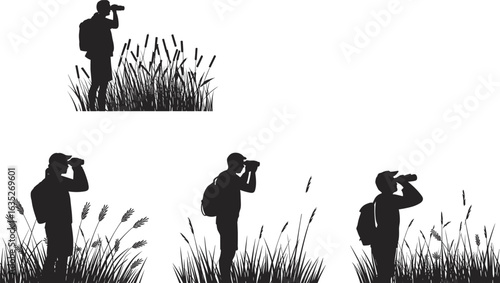 Hiker observing nature, silhouette of man with binoculars, outdoor adventure explorer, wildlife watching in grass field, flat vector illustration