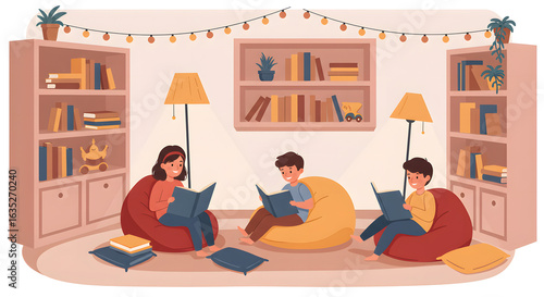 Three children engrossed in reading books, comfortably seated in beanbag chairs within a cozy, book-lined room.