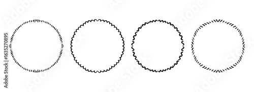 Circle hand drawn scalloped frame set. Round black ribbon border collection. Vector doodled lace cadre frames. Radial squiggly border pack for invitation, wedding party, birthday, greeting card