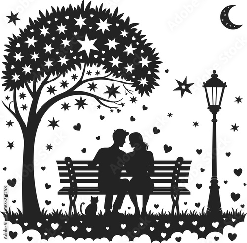 Romantic couple on bench, night park scene, moon and stars, heart shapes, tree silhouette, flat vector love illustration, cat nearby