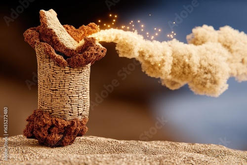 A crumbling tower erupts in a sandstorm