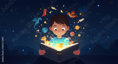 A child engrossed in a book, surrounded by fantastical objects, bathed in magical light.