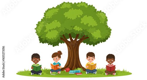 Children reading books under a large tree in a park-like setting.