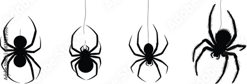 Set of hanging spider silhouettes in different positions, Halloween decoration, scary insect design, horror concept art, flat vector illustration
