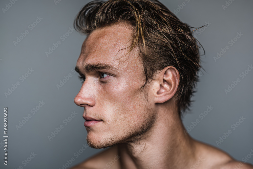 Obraz premium profile portrait of man with strong neck and sweaty hair against ultrabright solid background