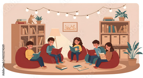 Children engrossed in reading books together in a cozy, book-filled room.