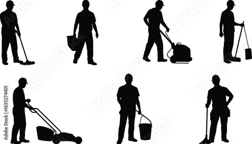 Silhouettes of janitors, cleaning workers with mop, bucket, vacuum, machine, floor cleaner, tools, professional hygiene staff, flat vector illustration