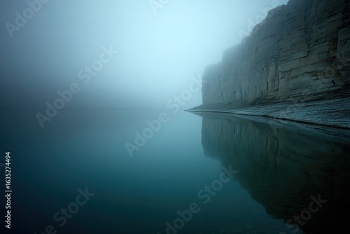 Misty lake shore with cliffs reflected